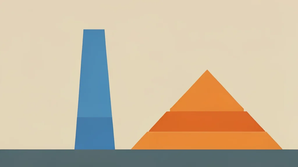Two distinct geometric structures standing side by side on a flat plain