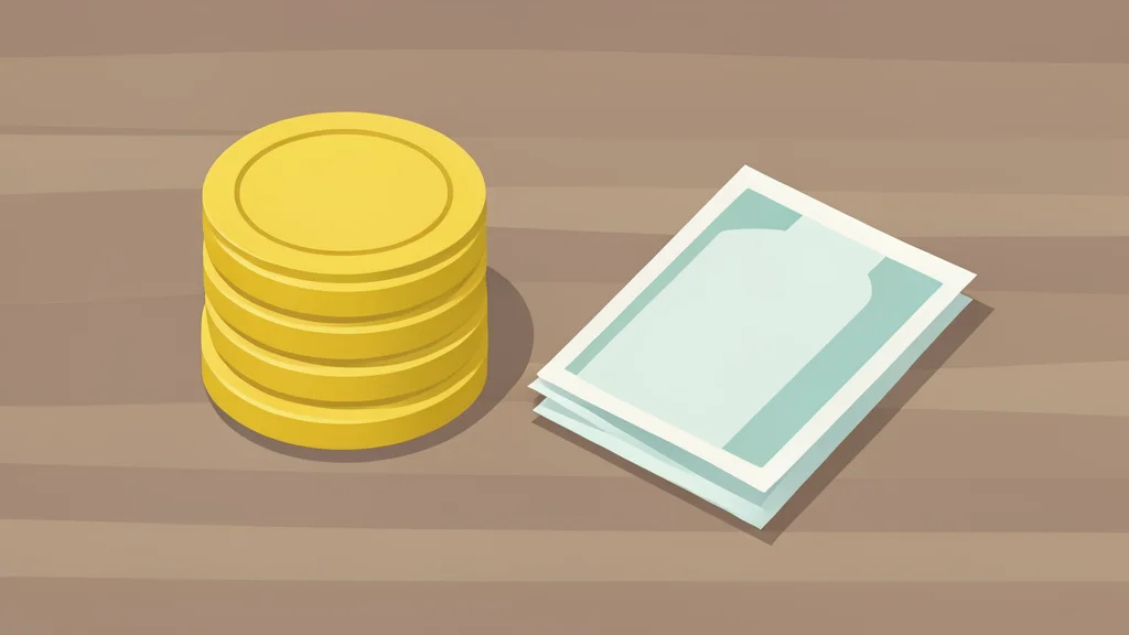 A stack of generic coins and a paper currency bill on a wooden table