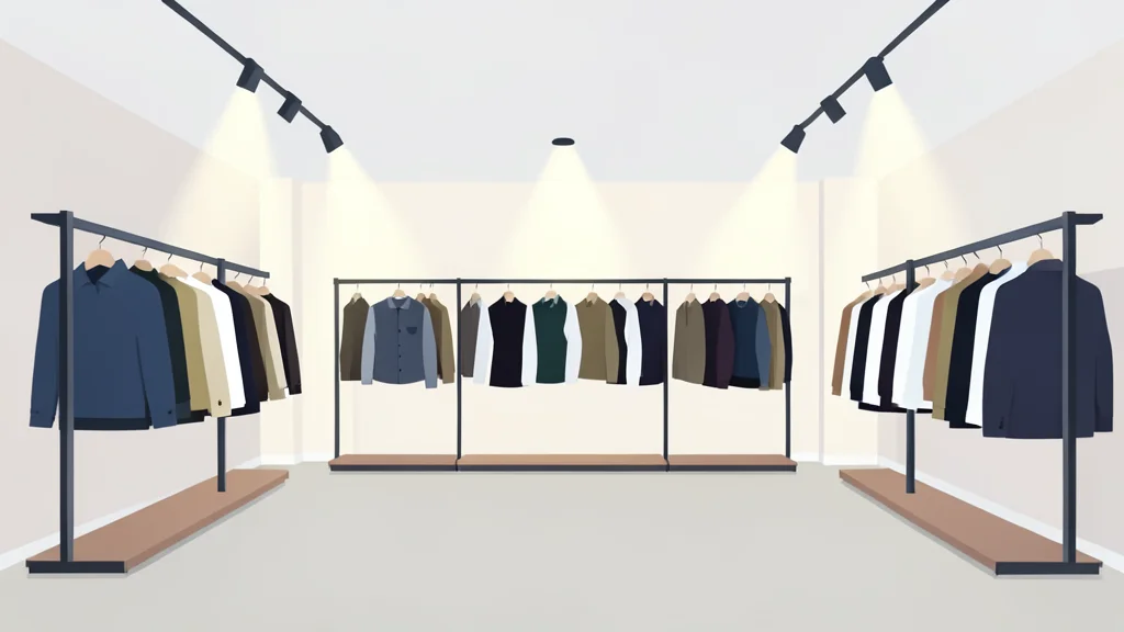 A modern department store interior with neatly arranged clothing racks and soft lighting