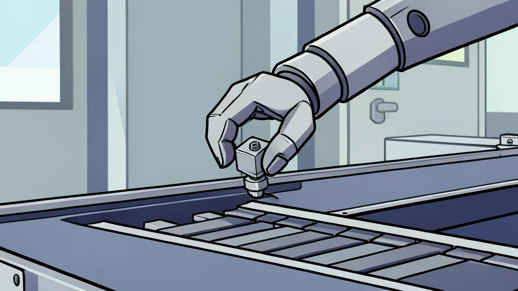 A flat-vector illustration of a bipedal robot standing on a factory floor next to a conveyor belt.
