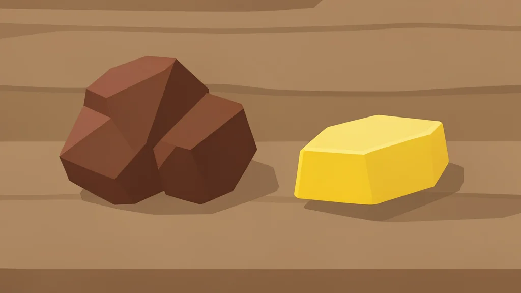 A pile of rough copper ore chunks and a gold bar on a wooden table
