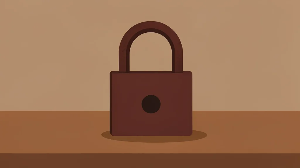 A heavy iron padlock resting on a polished wooden desk