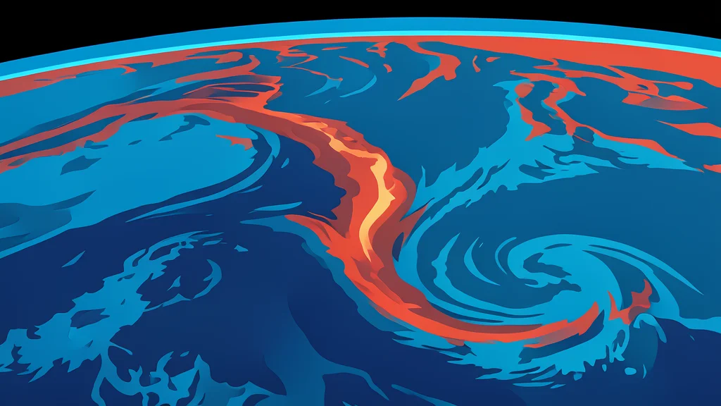 Two distinct bodies of water separated by a landmass, with swirling currents visible on the surface