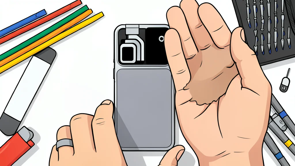 A mechanical camera gimbal arm attached to the back of a smartphone chassis