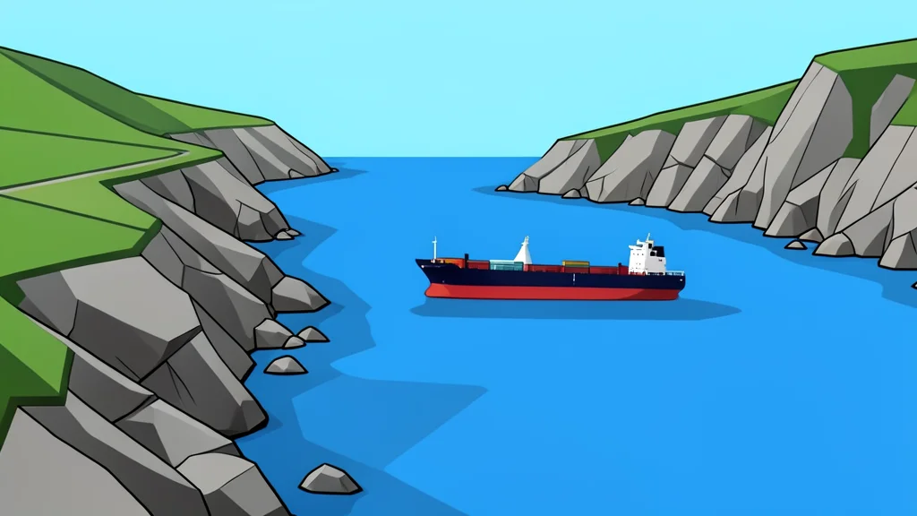 A rocky coastline bordering a narrow strait with a large oil tanker passing through the water