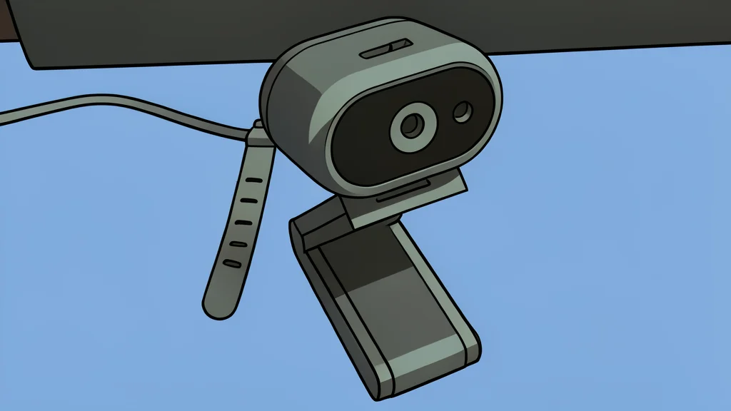A small black oval webcam with a sliding lens cover sits on a desk next to a coiled cable.