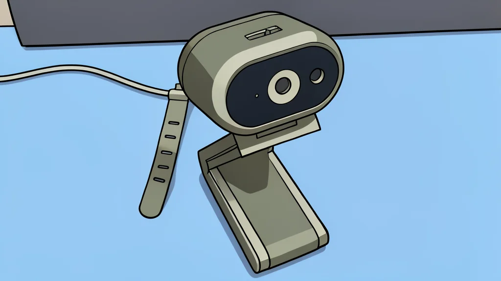 A small black oval webcam with a physical shutter and thick cable on a wooden desk.