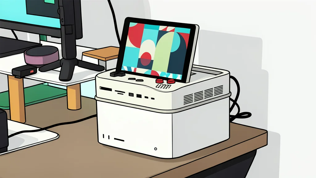 A beige computer peripheral with a small flip-up screen and physical buttons