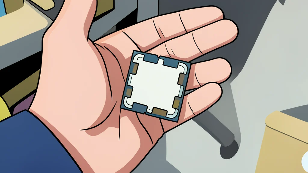 A small, square silicon computer processor chip with a metallic heat spreader surface, resting on a dark circuit board.
