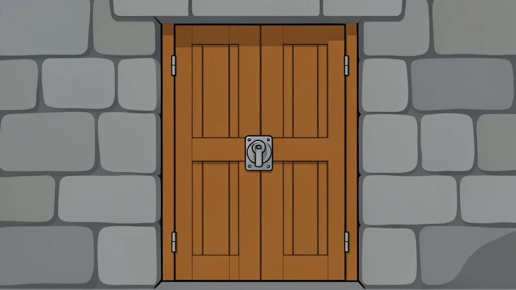 A closed wooden door with a heavy metal lock, set within a stone wall