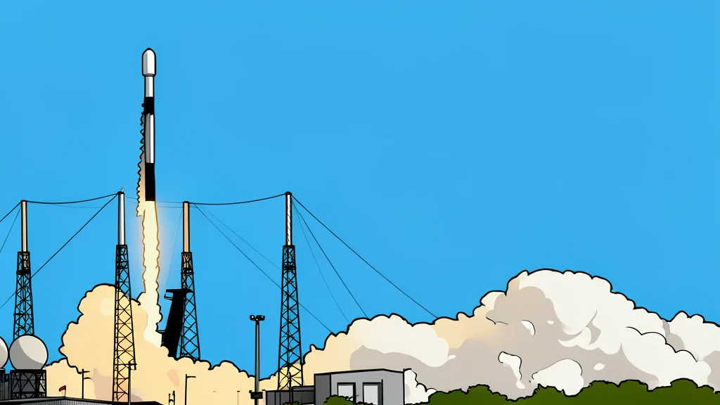 A rocket standing vertically on a coastal launch pad near the ocean horizon