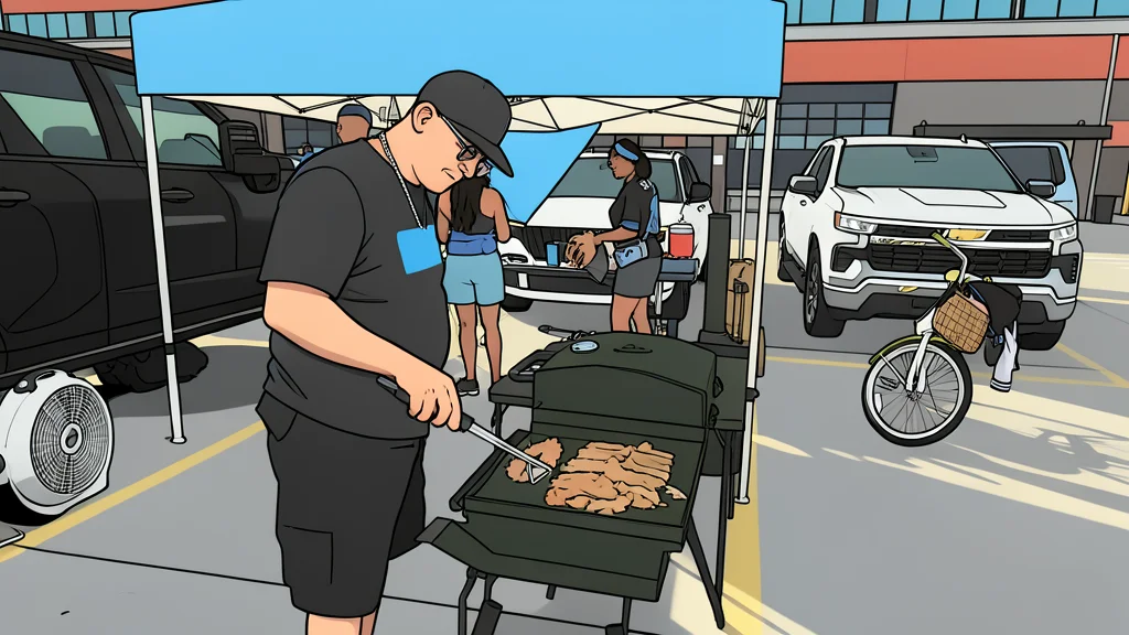 A flat-top grill with sizzling bacon and pork chops on a tailgating table