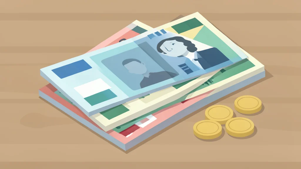 A stack of various foreign banknotes and coins arranged on a wooden table