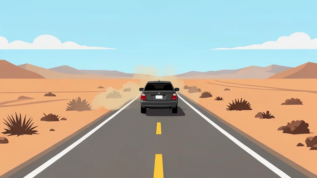 A dusty highway stretching through an arid landscape with a single car driving away from the camera