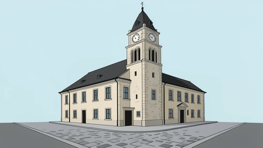 A stone guildhall building with a clock tower standing on a cobblestone street corner