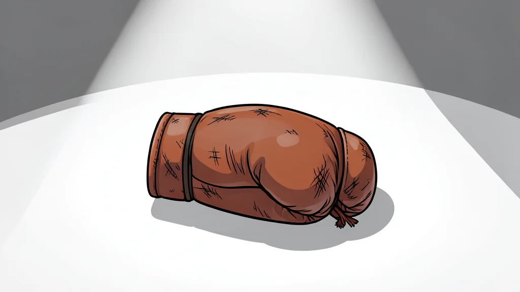A pair of worn leather boxing gloves resting on a canvas floor