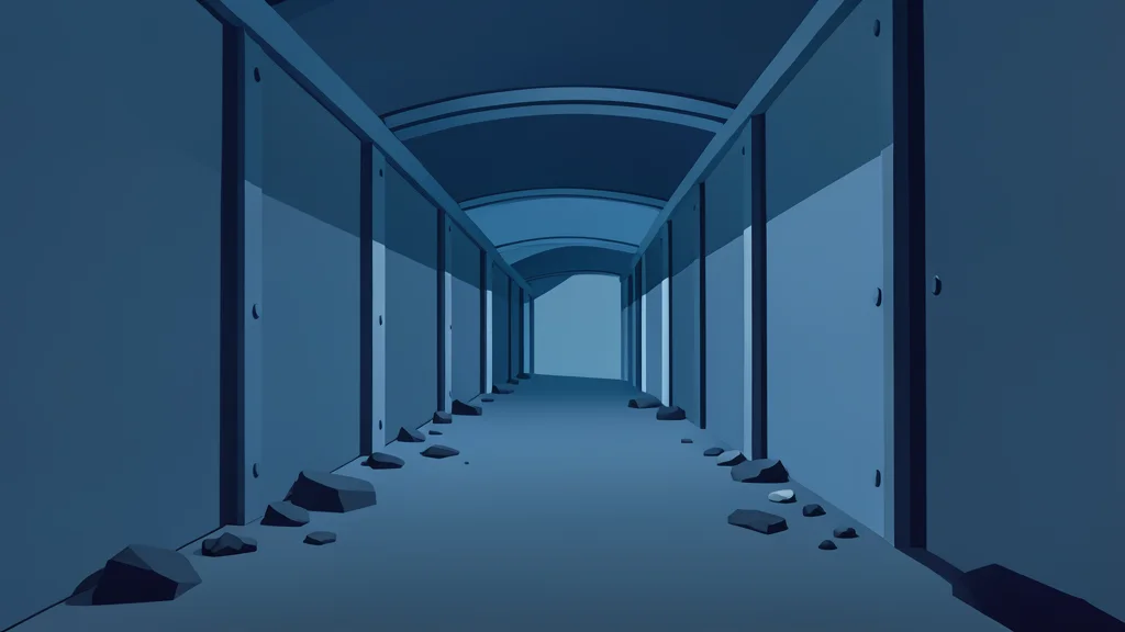 A winding, dimly lit corridor with metallic walls and scattered debris