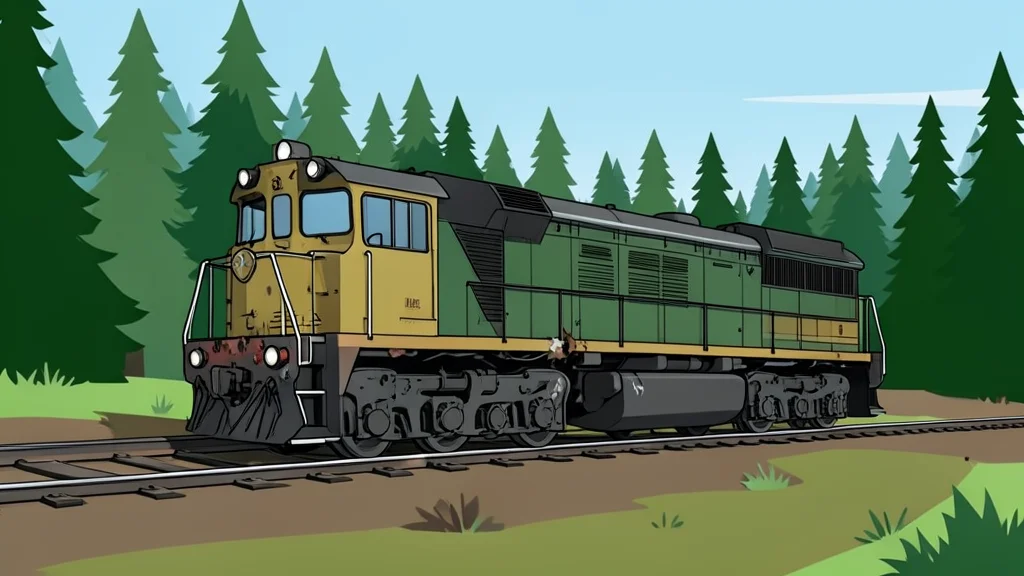 A damaged railway locomotive sitting on tracks near a forested border area