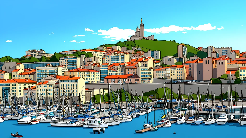 A sunlit Mediterranean harbor with white stone buildings and a calm blue sea in the background