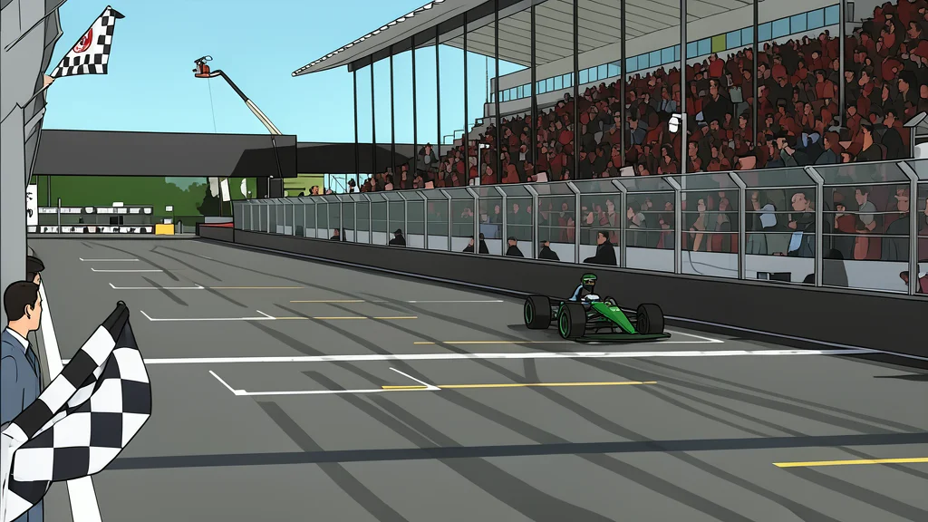 A sleek, low-profile racing car speeding along a curved asphalt track with red and white curbing on the side