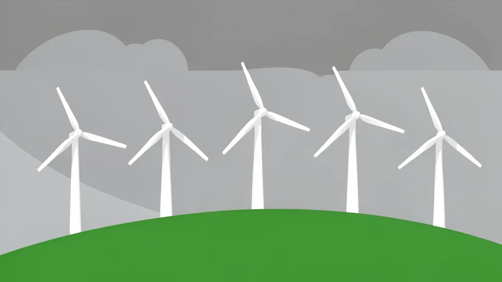 A row of white wind turbines standing on a grassy hillside under a cloudy sky