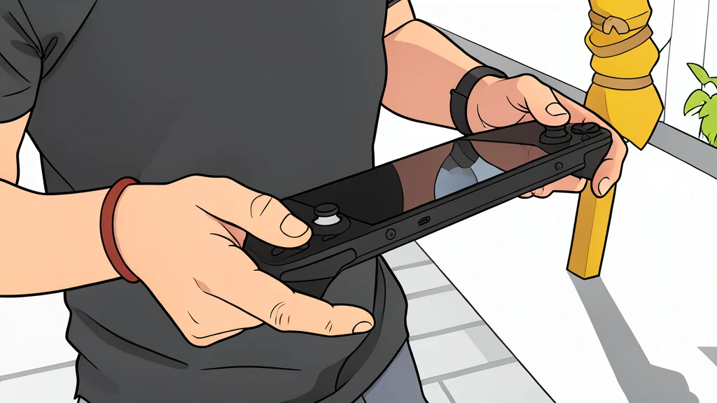 A flat-vector illustration of a handheld gaming device with a screen and control sticks resting on a wooden table next to a closed laptop