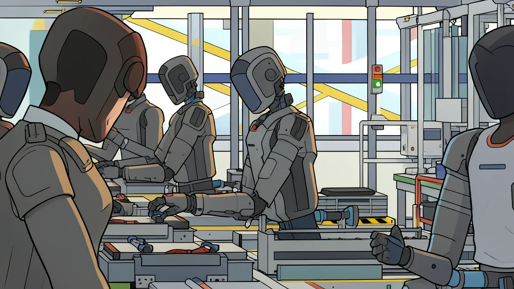 A sleek, bipedal humanoid robot standing in a clean, industrial warehouse aisle