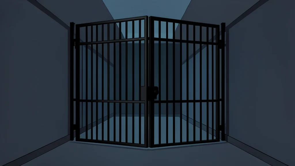 A heavy iron prison gate standing open in a dimly lit corridor
