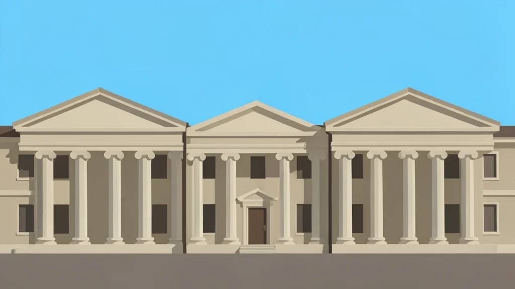 A row of classical stone bank buildings with columns under a clear sky