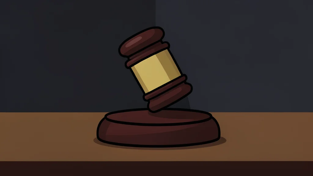 A single gavel resting on a wooden surface in a dimly lit room