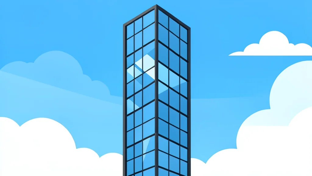 A modern glass skyscraper with a geometric facade reflecting the sky