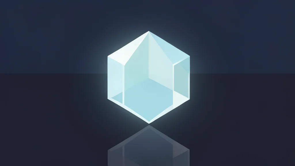 A glowing, translucent hexagonal crystal structure floating above a dark, reflective surface
