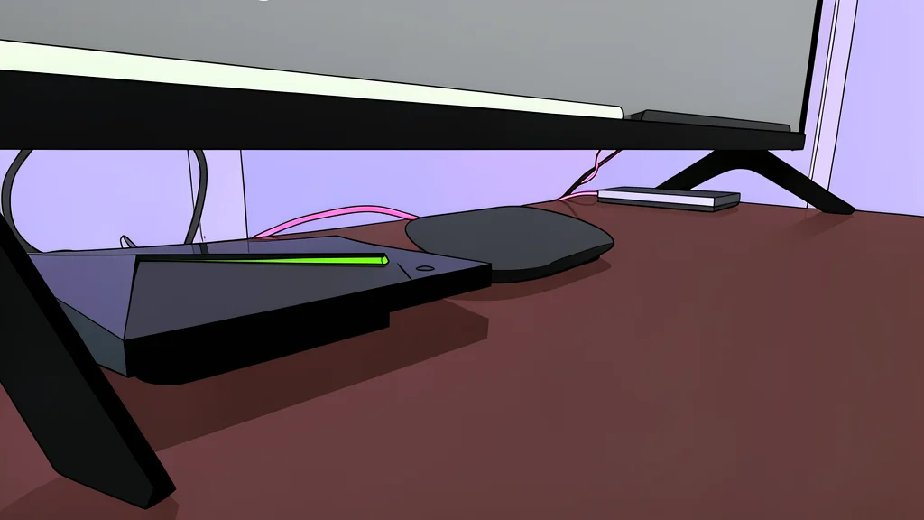 A sleek black rectangular media streaming box with a matte finish and a small circular power button, sitting on a wooden shelf next to a remote control.
