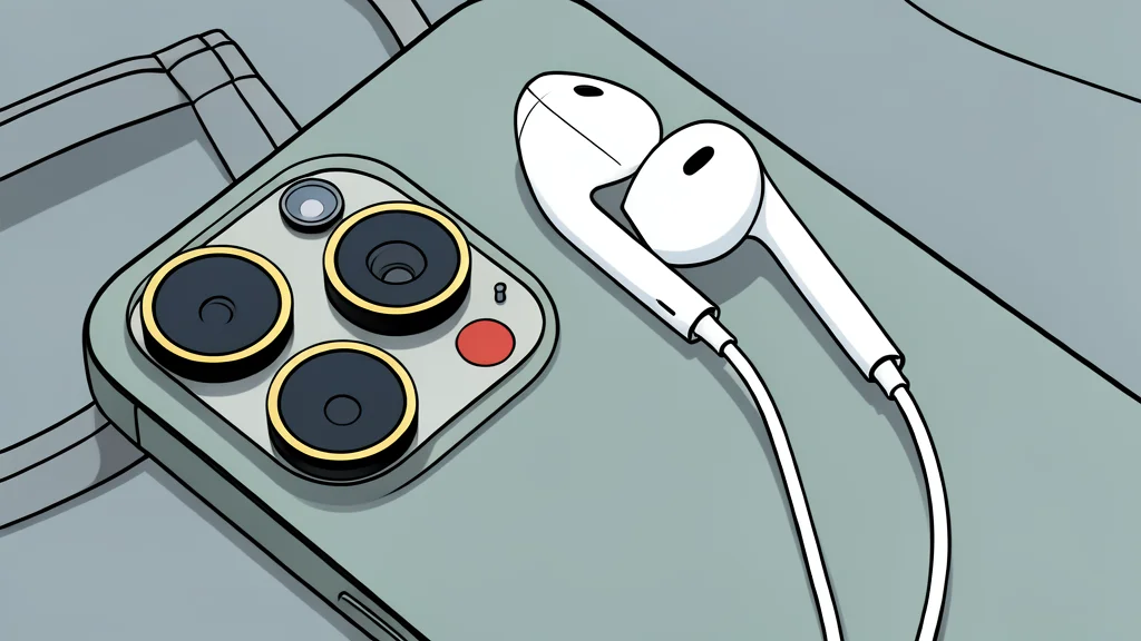 A pair of white wired earbuds with a coiled cable resting on a wooden desk