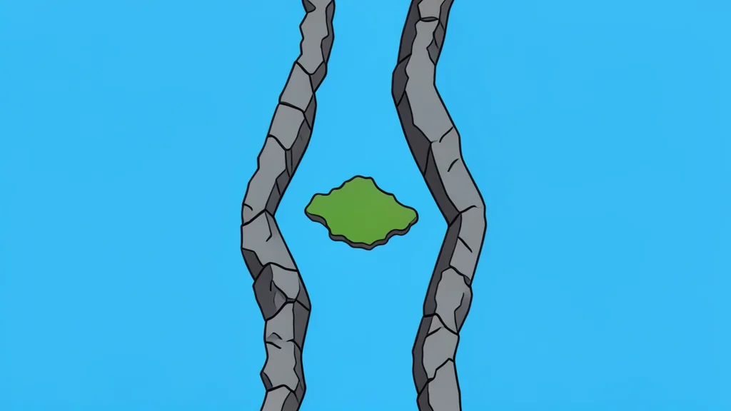 A narrow, rocky strait connecting two large bodies of water with a small island in the center