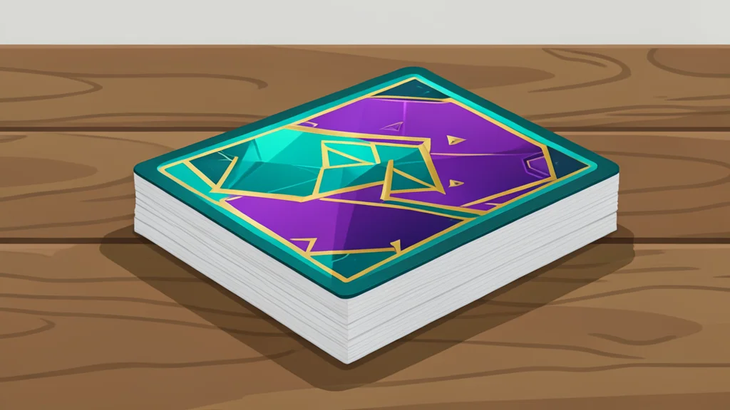 A stack of colorful fantasy trading cards resting on a wooden table