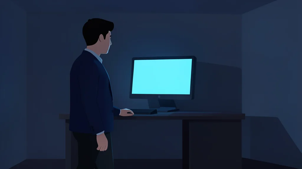 A solitary figure standing in a dimly lit room facing a glowing computer monitor