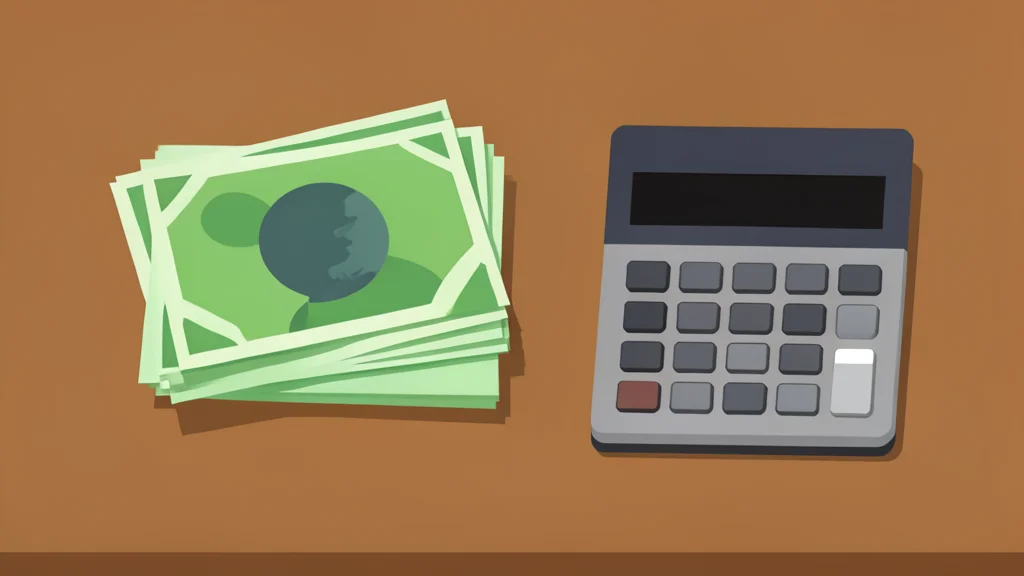 A stack of paper currency and a calculator on a wooden desk