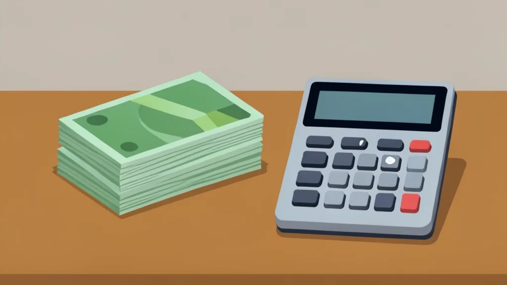 A stack of generic currency bills and a calculator on a wooden desk