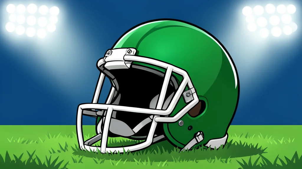 A flat vector illustration of a green football field with white yard lines stretching into the distance under bright stadium lights