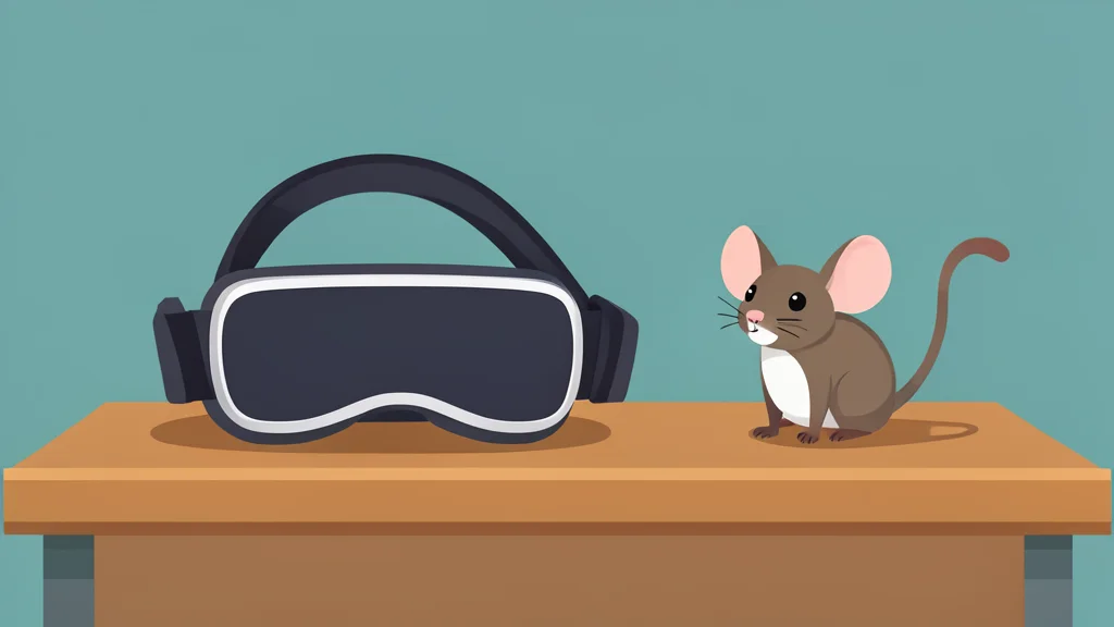 A pair of virtual reality headsets resting on a wooden desk next to a small, detailed figurine of a mouse