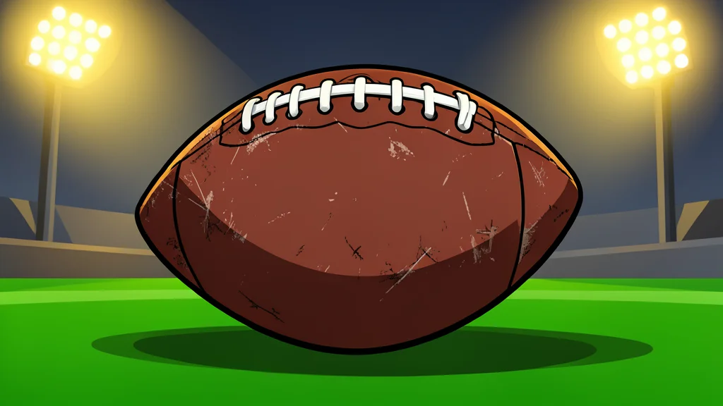 A football resting on the green grass of a stadium field under bright stadium lights