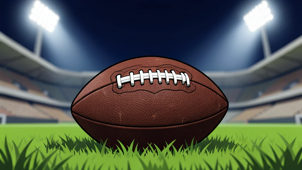 A football resting on the grass of a stadium field under stadium lights