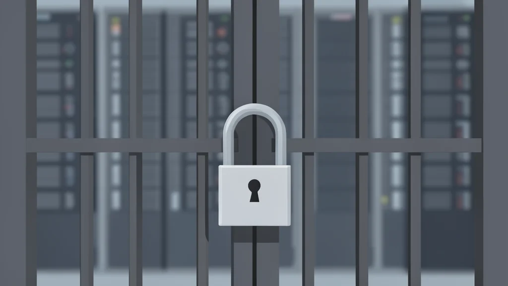 A heavy iron gate secured with a padlock, set against a blurred background of server racks.