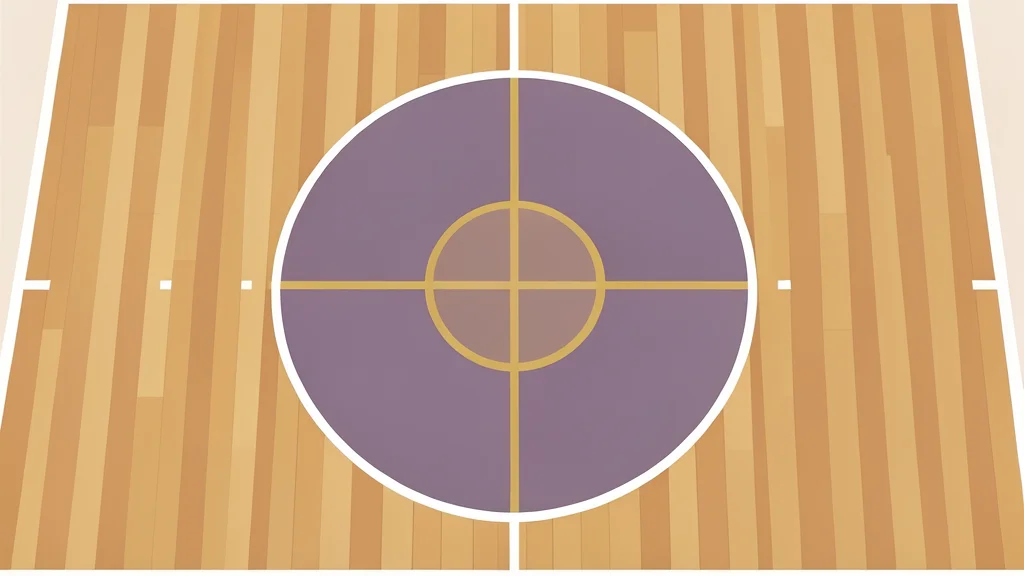 A polished hardwood basketball court with a center circle and painted key area