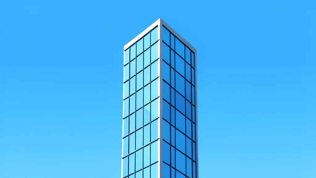 A modern glass skyscraper reflecting a clear blue sky