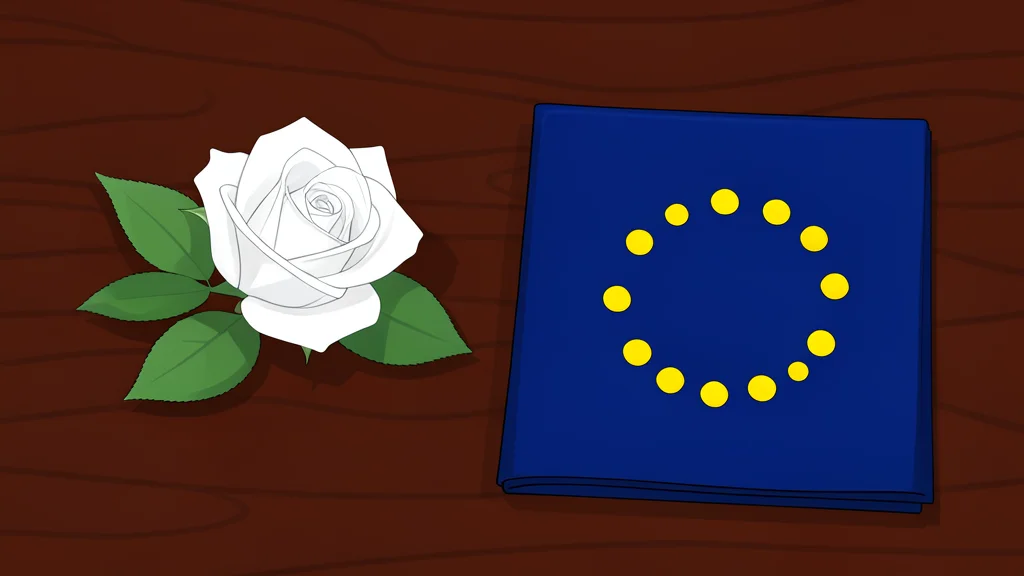 A single sunflower resting on a polished wooden table beside a neatly folded blue cloth featuring a circle of yellow stars.
