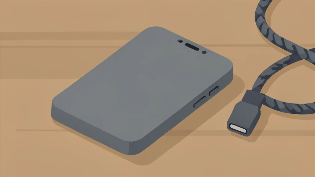 A matte-finish smartphone with a physical slider switch on the side, resting on a wooden surface next to a braided charging cable.