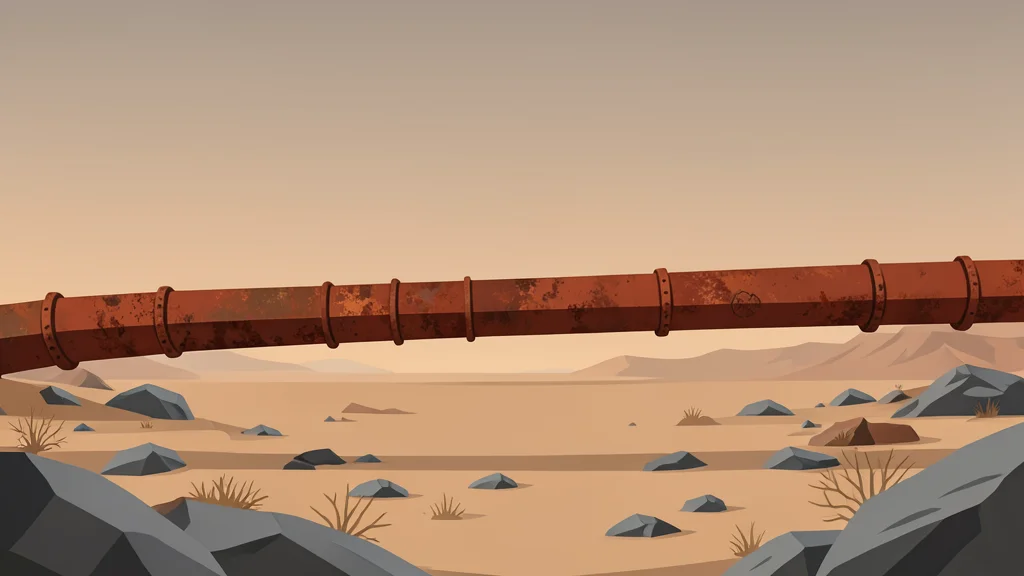 A long, rusted steel pipeline stretching across a dry, rocky desert landscape under a hazy sky