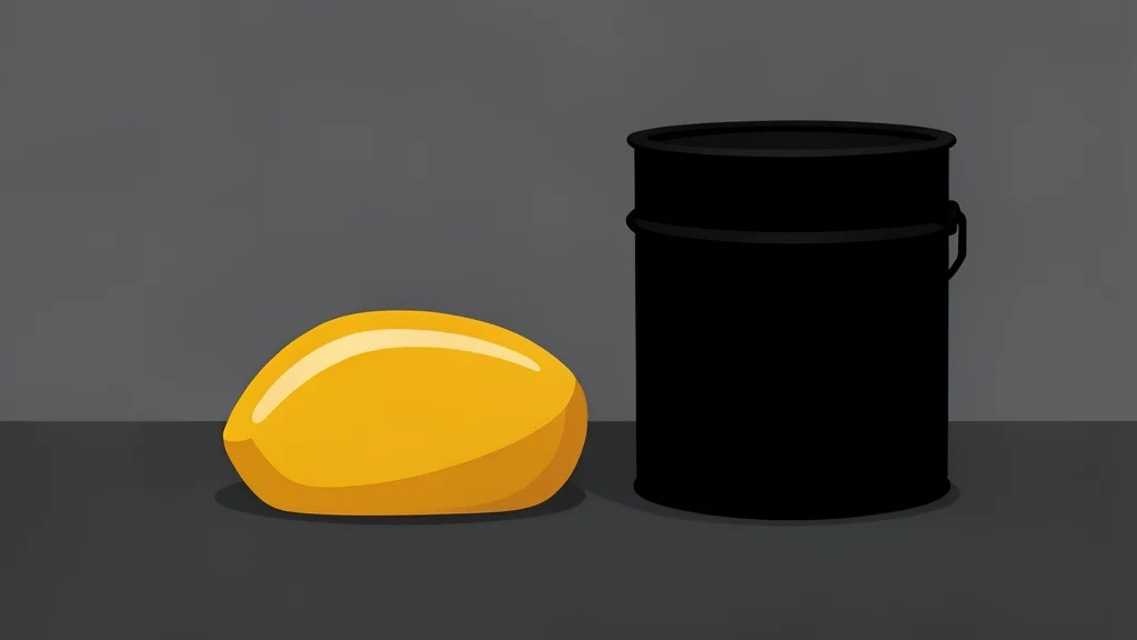 A polished gold bar resting on a dark surface next to a black oil drum
